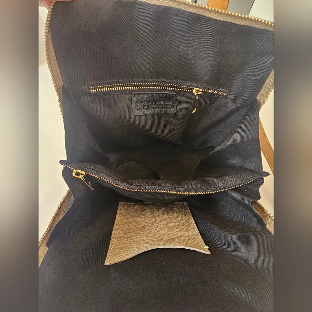 Taupe and Tan Leatherette Women's Backpack - Minimal Pocket Design
